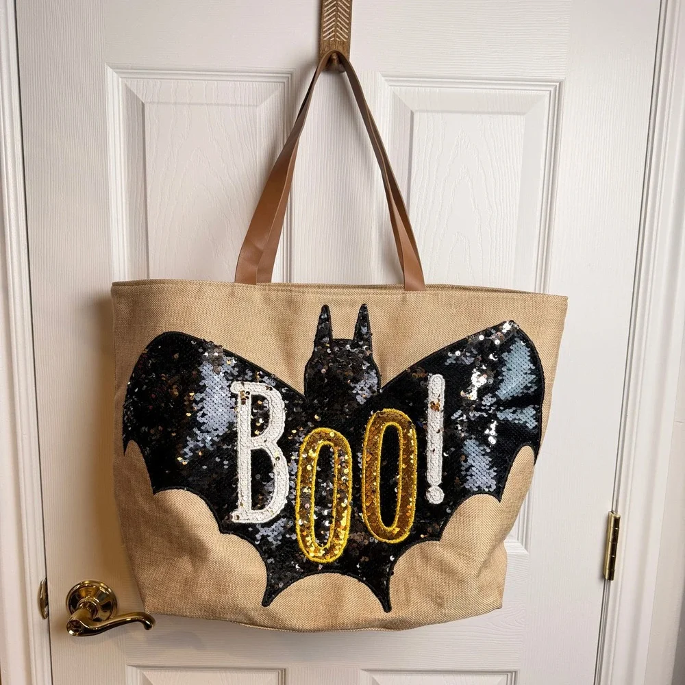 Halloween Tote Bag Boo Bat Sequin Jute Tan Black Large Festive Holiday Whimsical